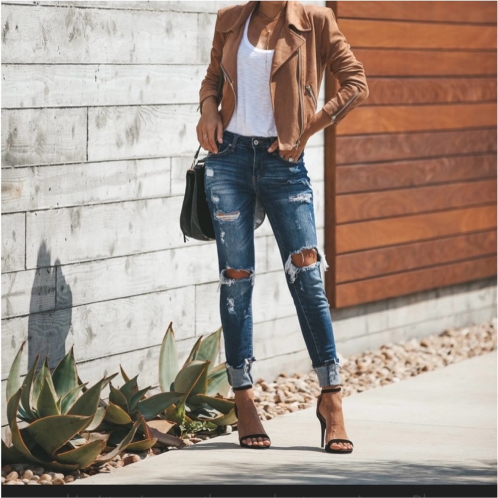 VICI Tan Faux Suede Moto Jacket Lightweight Zip Up Size Small - Picture 3 of 8